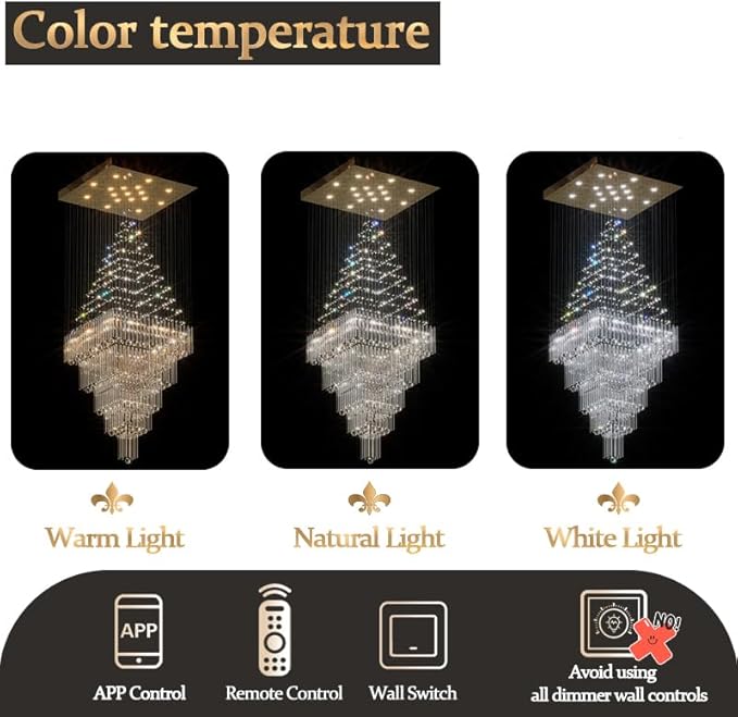 D40''X H80'' Extra Large Chandeliers for High Ceilings Crystal Raindrop Gold Chandeliers Large Villa Chandelier Entrance Foyer Square Ceiling Light LED Dimmable 2700K-6000K 16 led bulbs include