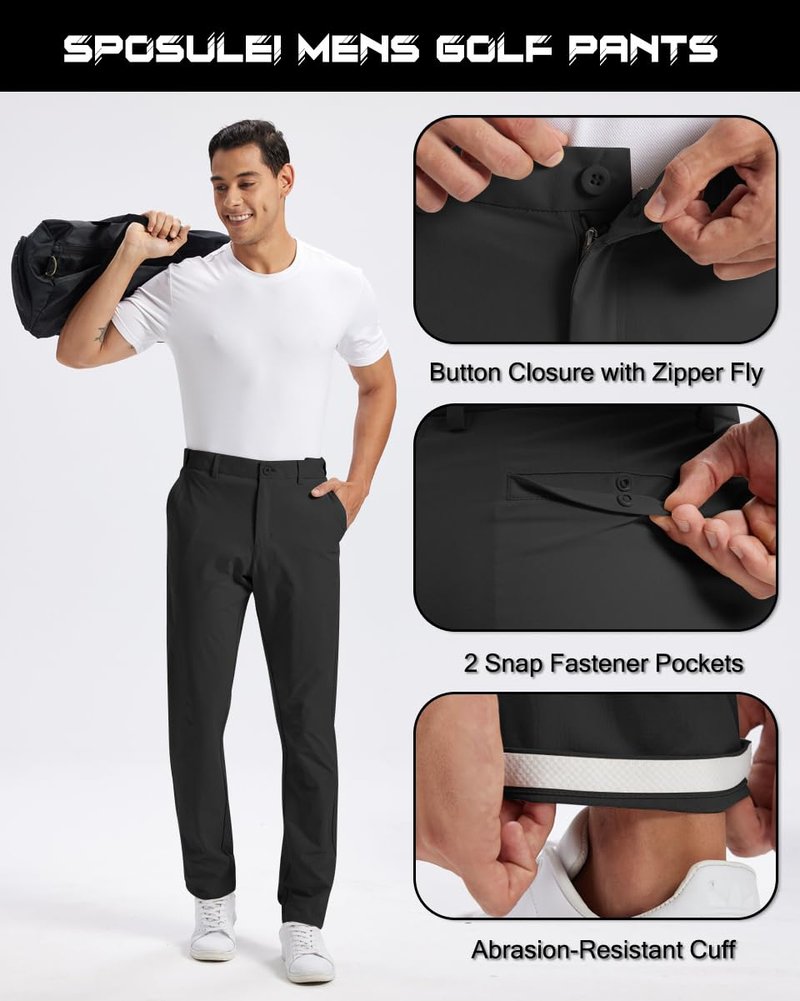SPOSULEI Golf Pants for Mens Slacks Dress Quick Dry Lightweight Work Casual Comfort Relaxed fit Anti-Slip Trousers with Pockets Black 34Wx30L