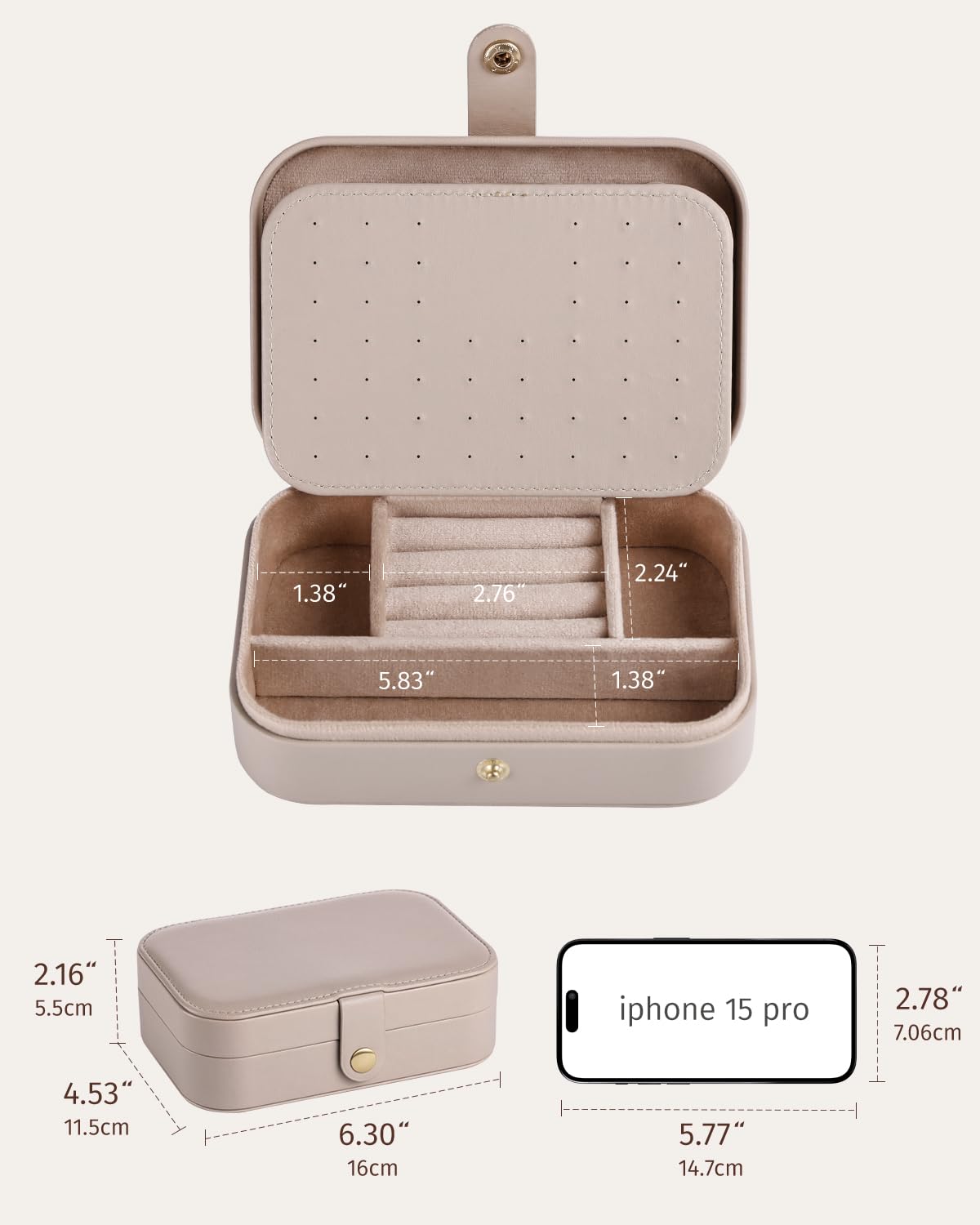 BIQI MUSSE Jewelry Travel Case, Portable Travel Jewelry Box for Women, PU Leather, Snap Closure, Jewelry Holder Organizer Travel Essentials, Light Taupe