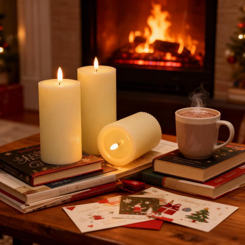 ANGELLOONG Battery Operated Candles with Remote, LED Flameless Candles Flickering with Timer, Fake Electric Pillar Candles for Holiday Party Christmas Home Decor, Wavy