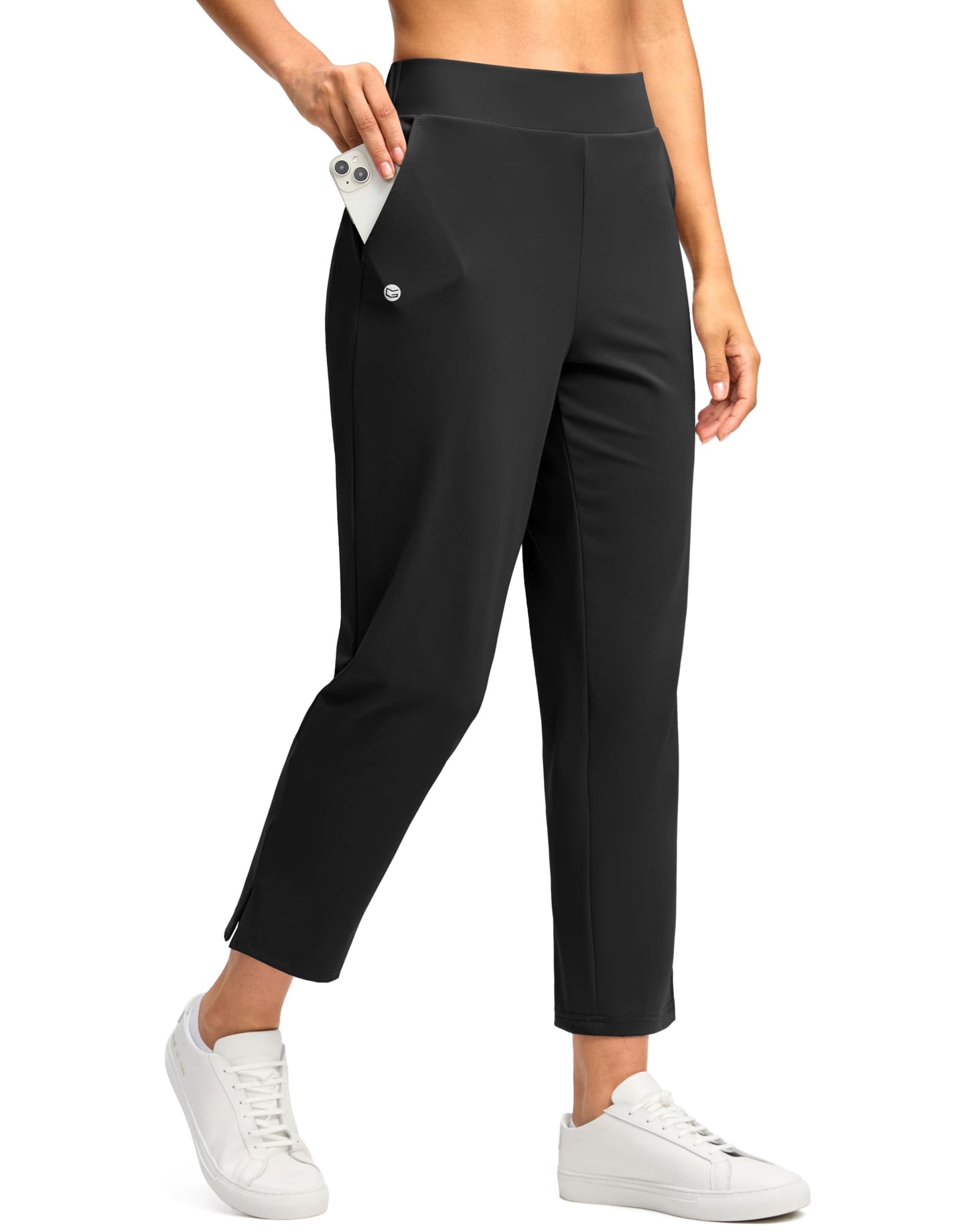 G Gradual Women's Pants 25.5" Ankle 7/8 Golf Pants 3 Pockets Stretchy Petite Travel Pants with Inner Drawstring for Work Business Casual Athletic, Black, L