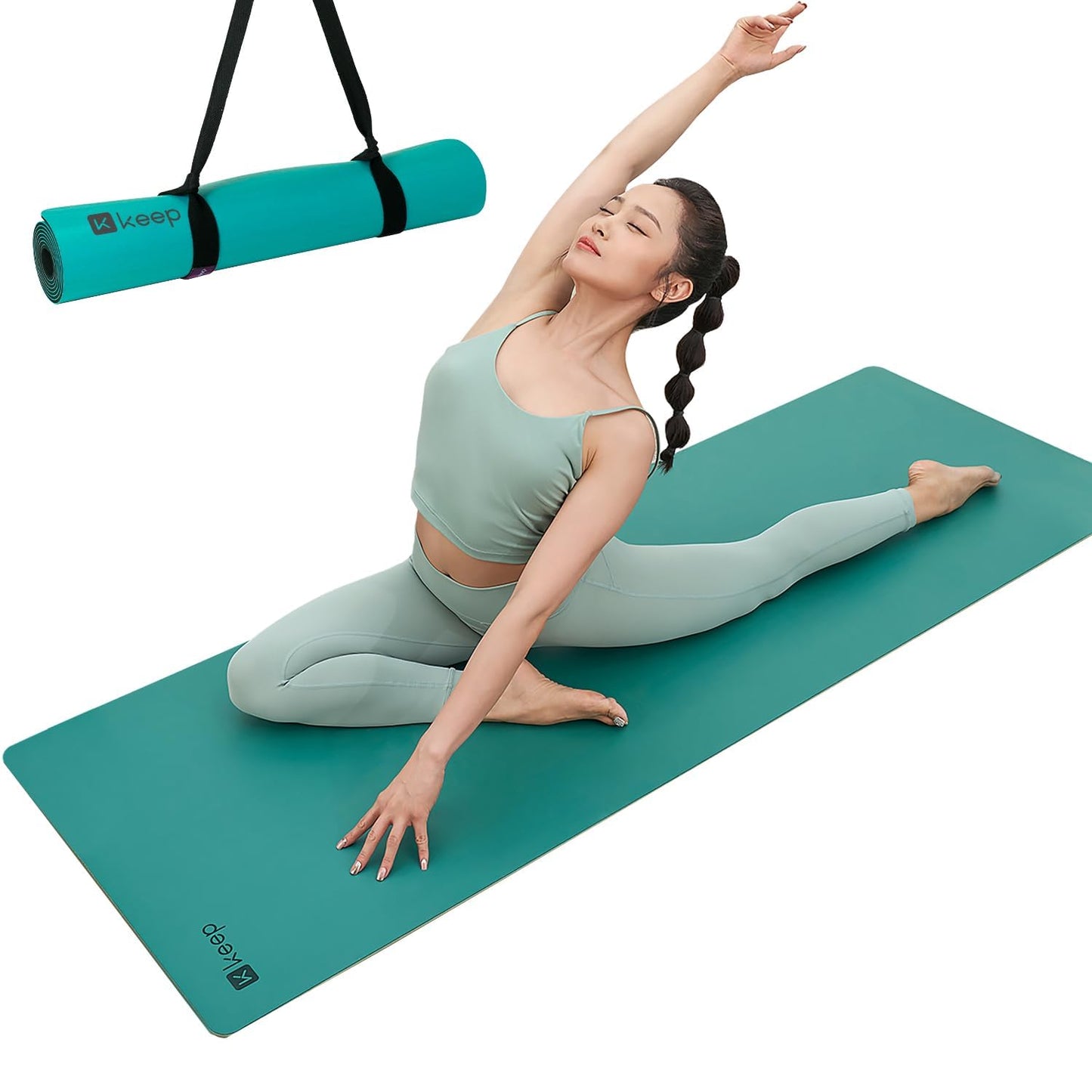 KEEP Rubber Yoga Mat - Professional Sweat Absorbent PU & Natural Rubber. Non Slip Workout Mats for Women & Men, 5mm Thick, 72"x26" Extra Long Wide Pad for Hot Yoga, Pilates, HIIT, Home Gym - Strap Included,Green
