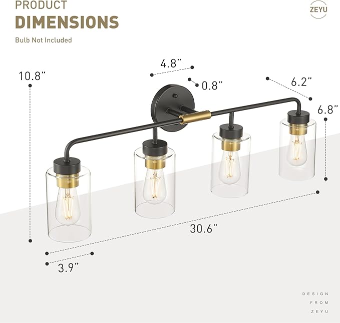 zeyu Farmhouse 4-Light Bathroom Vanity Light, 30 Inch Bathroom Lights Over Mirror, Black and Gold Finish with Clear Glass, ZS62B-4W BK+BG