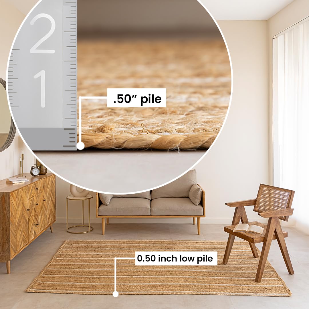HOMEMONDE Natural Braided Jute Area Rug 6x9 ft - Off White Stripe Eco Friendly Premium Fiber - Hand Woven Rustic Vintage Reversible Braided Rugs for Bedroom, Kitchen, Living Room and Dining Room