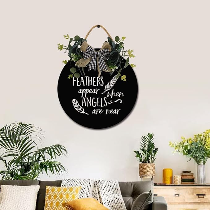 Angels Appear Front Door Sign Funny Wreaths Hanging Wooden Plaque Decoration Round Rustic Wood Farmhouse Porch Decor for Home Front Door Decor, 11 x 11 Inch