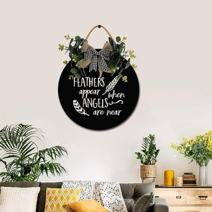 Angels Appear Front Door Sign Funny Wreaths Hanging Wooden Plaque Decoration Round Rustic Wood Farmhouse Porch Decor for Home Front Door Decor, 12 x 12 Inch