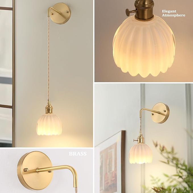 Battery Operated Wall Sconce with White Tulip Shade Pattern Glass Adjustable Chain Retro Gold Wall Mounted Light, Modern Wall Lamp Fixtures Decor for Bedside Bedroom Indoor Doorway