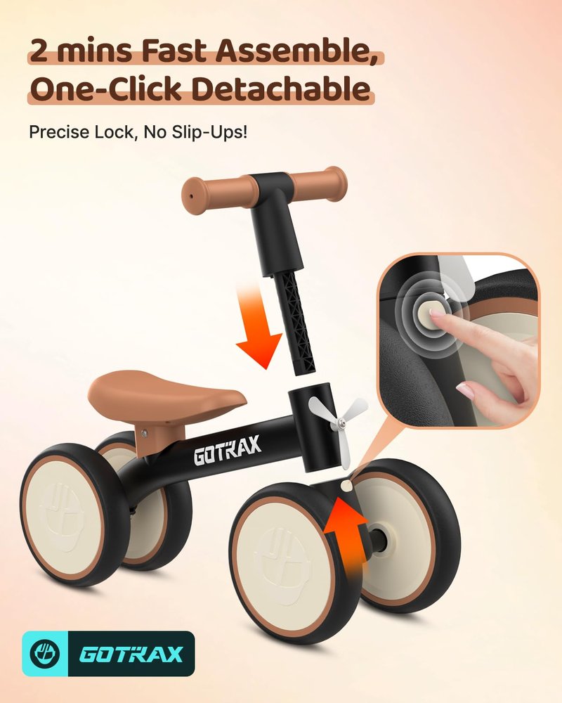 Gotrax Baby Balance Bike 1-2 Years, 7" Front&Rear Silent Wheels, Sturdy Steel Frame 66 lbs Load, Quick 2-Min Assembly, CPC Certified, Comfortable Soft Seat, Toddler Birthday Gift for Boys&Girls Black