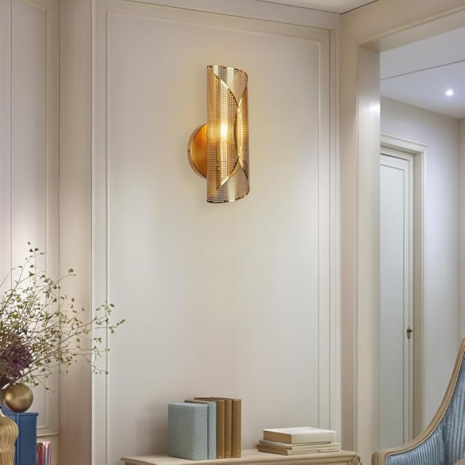 21.6 Inch Curved Perforated Wall Sconce, Hand-Made Aged Brass Metal Wall Mounted Light Beside Mirror, Luxury Wall Light for Bedroom, Elegant Light Fixture for Indoor