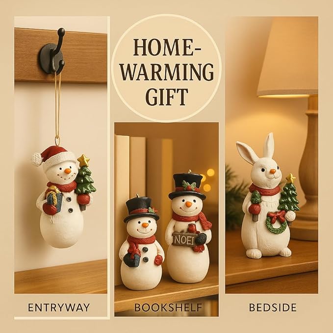 Christmas Snowman Ornament Set of 2 – Hand-Painted Resin Figurines with Hanging Cord, Cute Holiday Decorations for Tree, Mantel, or Gift – 4" Tall Lightweight Christmas Decor (Snowmen)