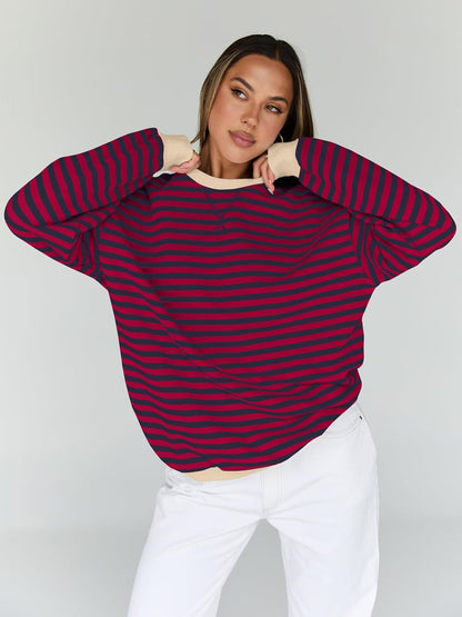 Trendy Queen Oversized Sweatshirt for Women 2025 Fall Crewneck Striped Long Sleeve Shirts Hoodies Cute Top Y2K Outfits
