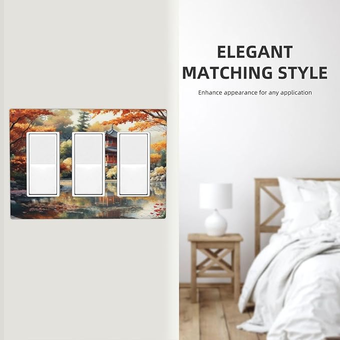 Decorative Art Light Switch Covers Lake & Pagoda in Fall 3 Gang Triple Rocker Outlet Switch plate GFCI Faceplate GFCI for Home Decor