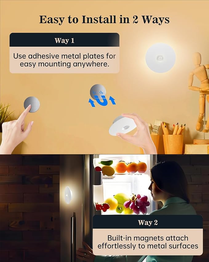 Yiliaw Motion Sensor Night Light, Rechargeable Stair Lights Indoor, Warm White with Wireless Magnetic Mount, Adjustable Brightness & 3 Color Temps for Hallway, Stairway, Bathroom, Closet (4 Pack)