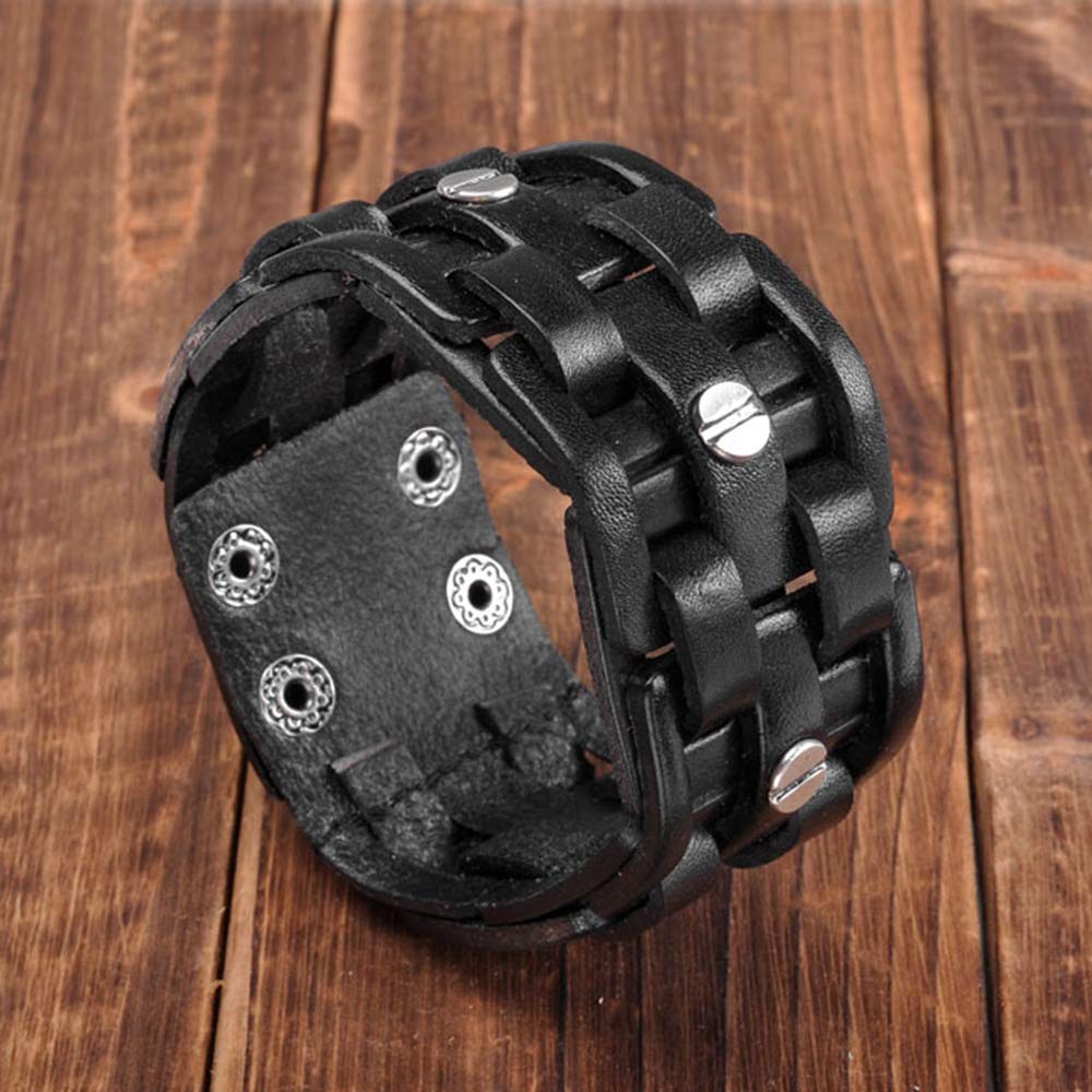 Zysta Punk Gothic Mens Genuine Leather Braided Bracelet Wristband Cuff Bangle 8.5-9" Black