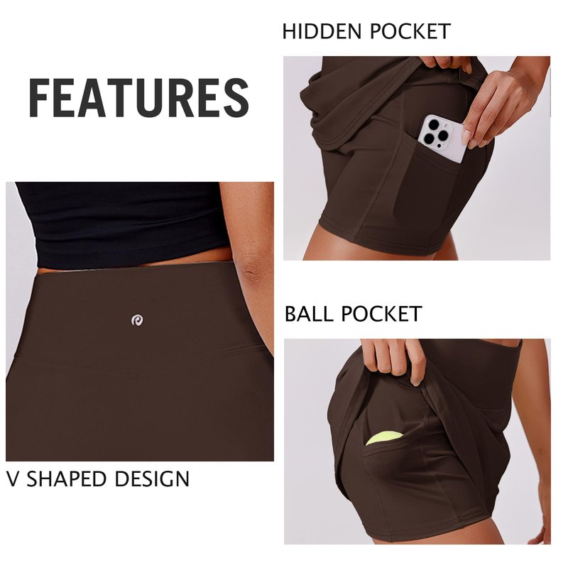 PINSPARK Skorts for Woman Stretchy Tennis Skirts Built-in Shorts Workout Skort Skirts Lightweight Golf Skort Activewear, Espresso Brown XL
