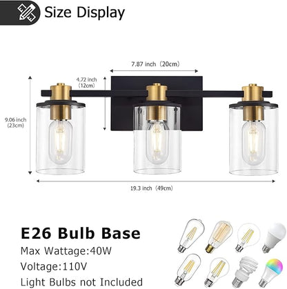 stambord 3 Light Bathroom Vanity Light, Black and Gold Light Fixtures, Sconces Wall Lighting with Glass Shade, Modern Brushed Vanity Lights for Bedroom, Hallway