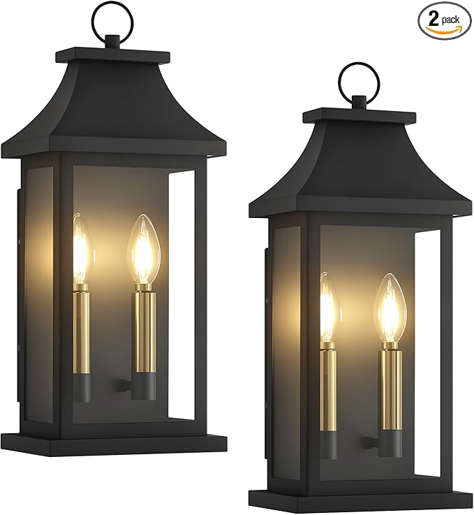 tewei 22'' Large Outdoor Wall Lights, Porch Light Outdoor Wall Sconce Lantern, 2-Light Black Exterior Lighting Fixture Wall Mount E12 Gold Base, Outside Light for House Backyard Garage, 2-Pack