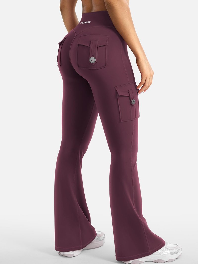 YEOREO CoreFlex Women Workout Flare Leggings with Pockets Hidden Scrunch High Waisted Cargo Gym Yoga Leggings Dark Cherry XL
