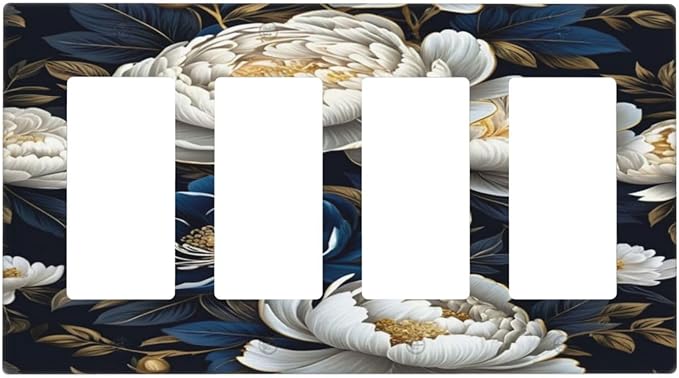 White Gold Blue Flower Light Switch Cover 4 Gang Rocker Decora Outlet Covers Wall Plate Decorative Switchplate Electrical Faceplate GFCI for Farmhouse Living Bedroom Decor