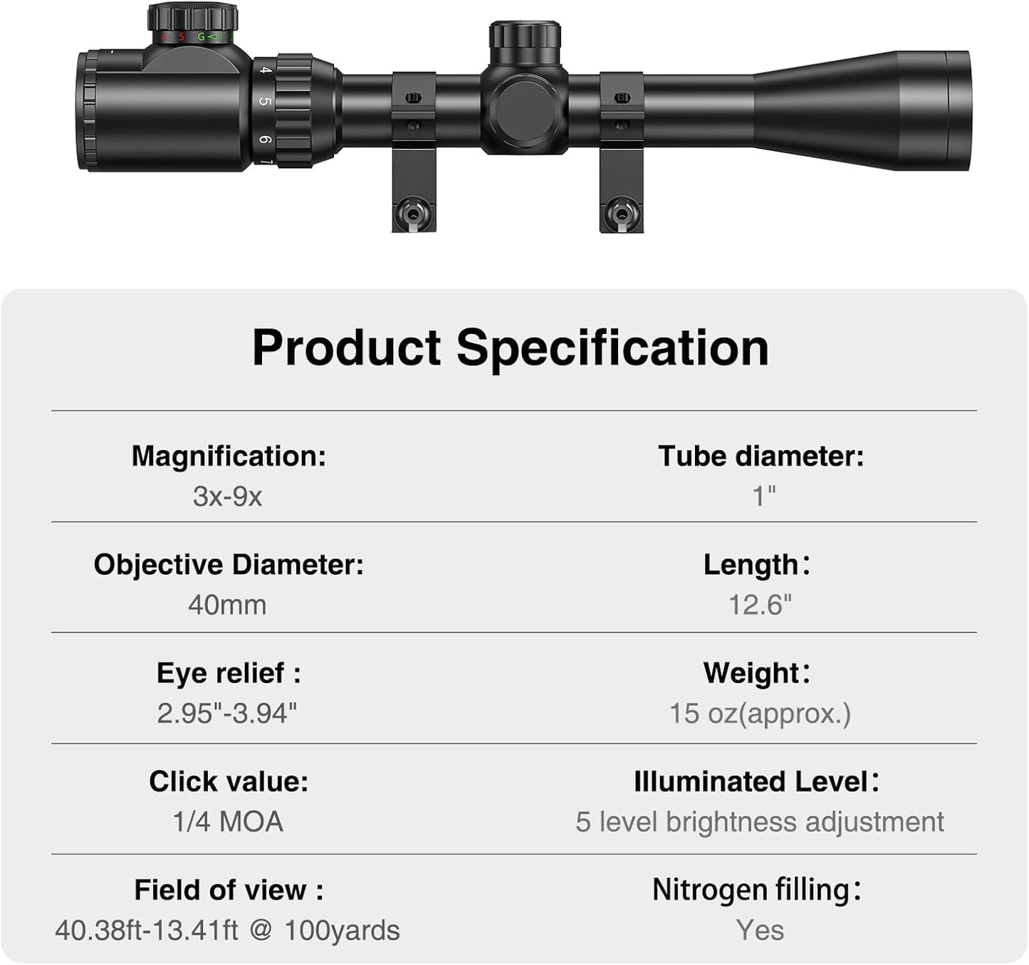 CVLIFE 3-9x40 Rifle Scope, Red & Green Illuminated Optical Riflescope, 22 Scope for Hunting with Mounts (Rangefinder Reticle)