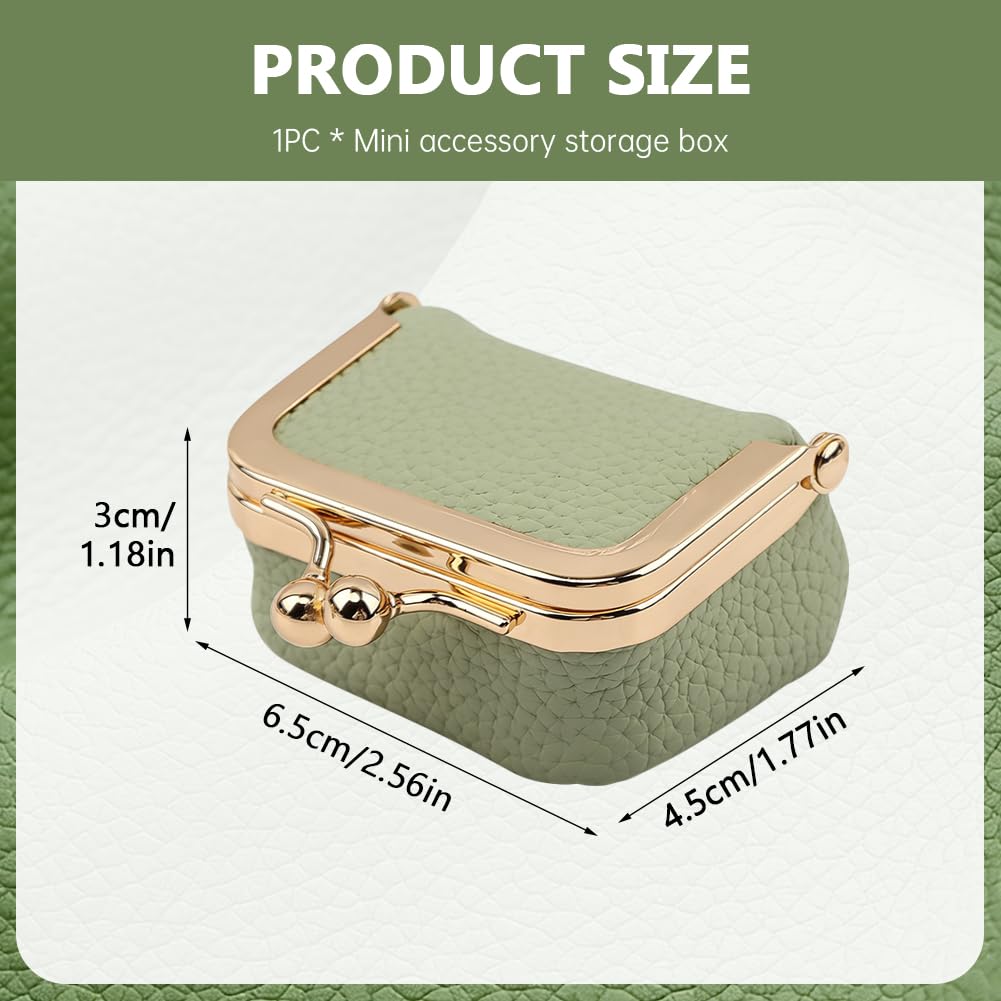 Genuine Leather Mini Jewelry Box with Kiss Lock, Portable Travel Jewelry Case Coin Purse for for Rings, Earrings, Pendants, Necklaces, Small Organizer Box for Girls Women(Green)