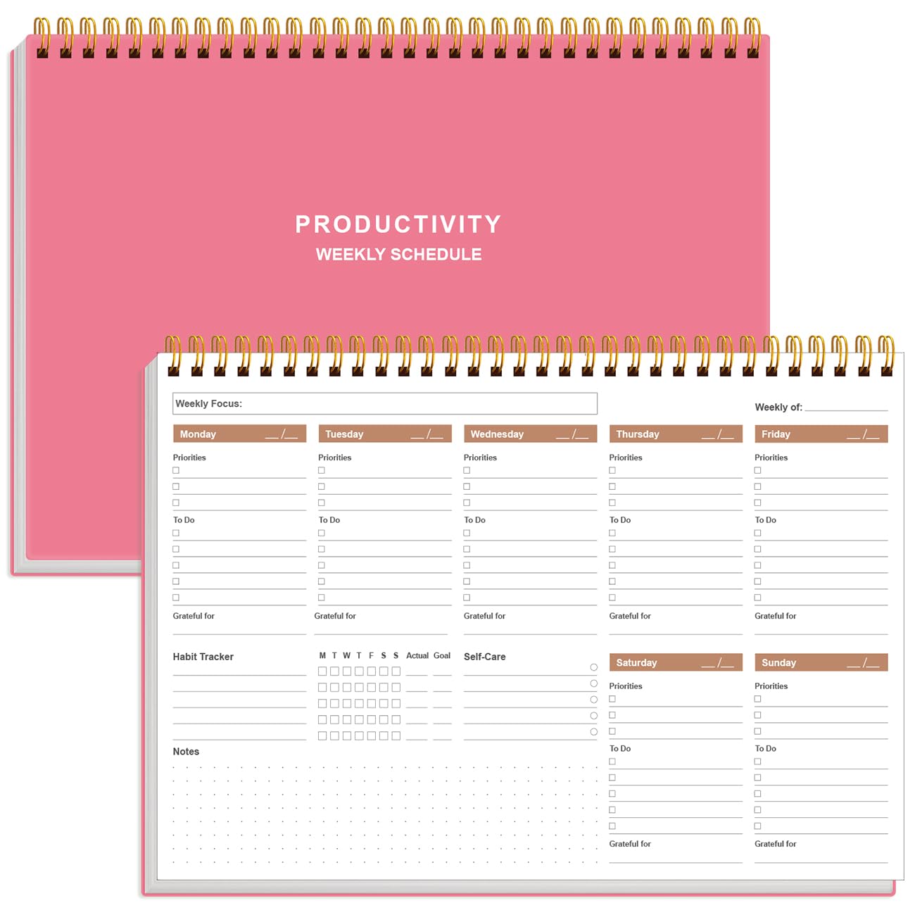 Weekly Productivity Planner - 8" x 11" Dashboard Desk Pad/Planner, Habit Tracker, Spiral Undated Weekly Planner for Office/School/Home, 54 Weeks, Pink