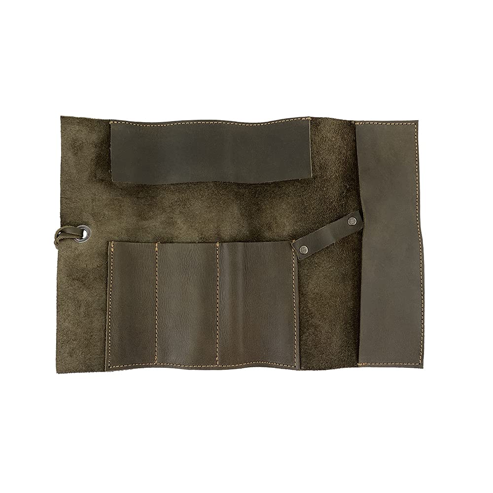 Hide & Drink, Rustic Leather Pencil Roll Pouch, Multi-Purpose Storage Wrap for Scissors, Earphones, Organizer for Craft, Work, Handmade (Dark Jade)