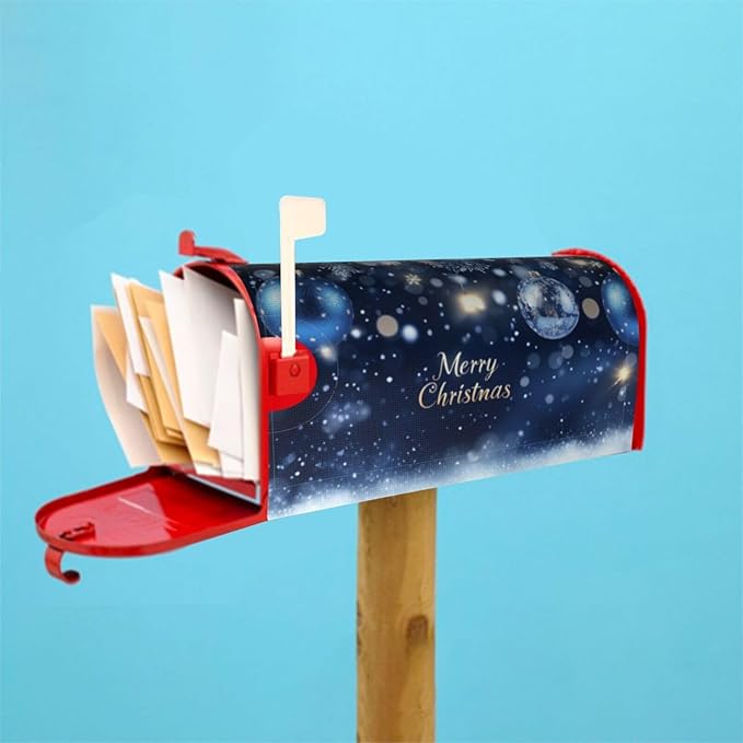 Festive Magnetic Mailbox Cover Christmas Blue Ball Pattern Outdoor Mailbox Protector Holiday Seasonal Decorative Garden Yard Home Large Size 25.5 x 21 Inch
