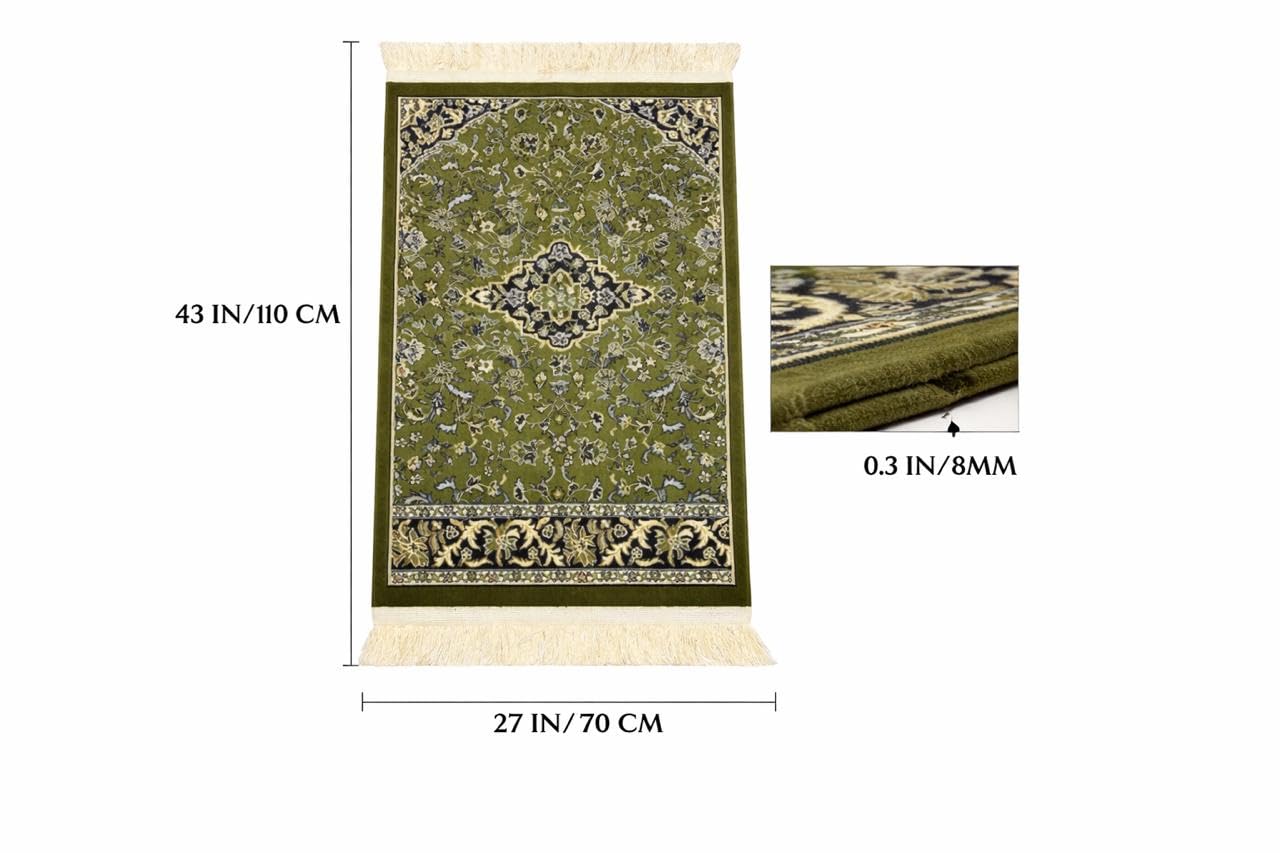 Premium Islamic Muslim Prayer Rug – Made in Madinah – 0.3 in Thick Soft Islamic Sajadah – Portable Prayer Mat for Men & Women – Eid, Ramadan, Hajj & Umrah Gift (Green)