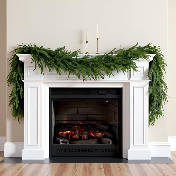 6 Ft Norfolk Pine Christmas Garland - Artificial Faux Pine Needles Real Touch Winter Garland - Indoor/Outdoor Holiday Greenery Garlands for Fireplace Mantle, Staircase, Window Decor