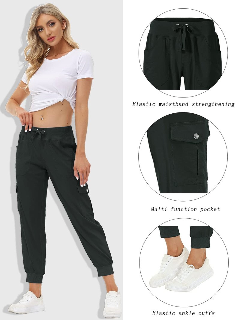 MoFiz Women Cargo Pants with Pockets Lightweight Outdoor Summer Travel Casual Hiking Pants Running Joggers Sweatpants Elastic Waist Dark Grey L
