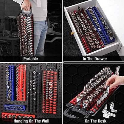 ALOANES 160-Piece Portable Socket Organizer Steel Tray, Heavy Duty Socket Holders with Handle, Socket Rack, 1/4-Inch x52 Clips, 3/8-Inch x 60 Clips, 1/2-Inch x 48 Clips, 2Packs Set (Blue&Red)