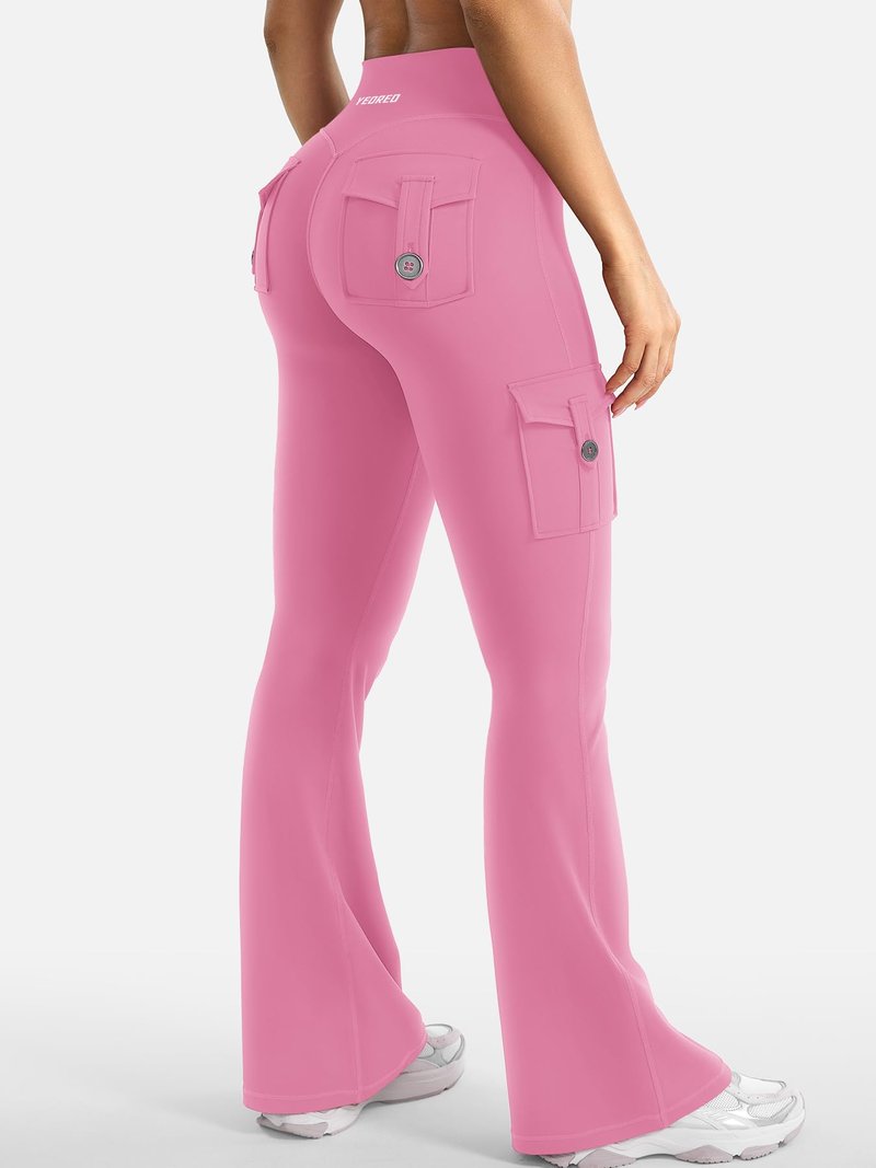YEOREO CoreFlex Women Workout Flare Leggings with Pockets Hidden Scrunch High Waisted Cargo Gym Yoga Leggings Pink L
