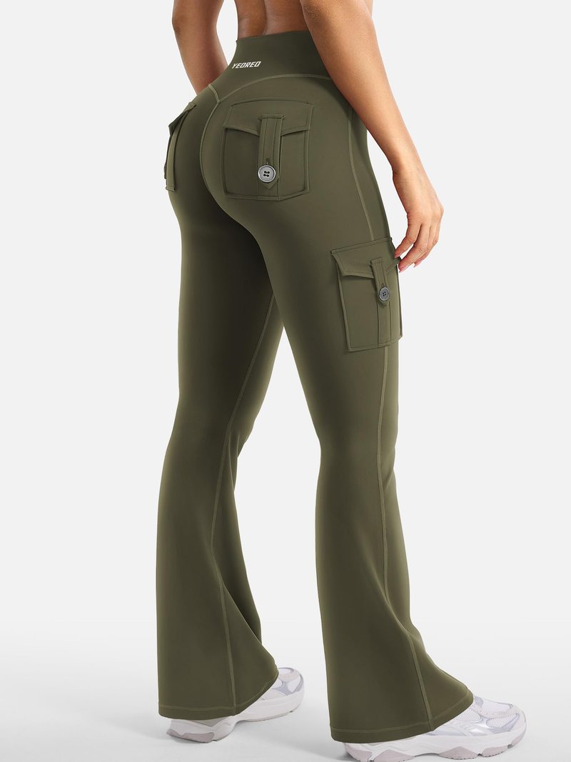 YEOREO CoreFlex Women Workout Flare Leggings with Pockets Hidden Scrunch High Waisted Cargo Gym Yoga No Front Seam Leggings Army Green S