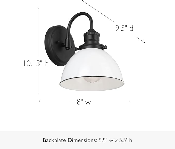 Design House Savannah Rustic Farmhouse Wall Light, Dimmable, Matte Black, White Metal Shade, 8 in x 9.5 in x 10.13 in, 588293