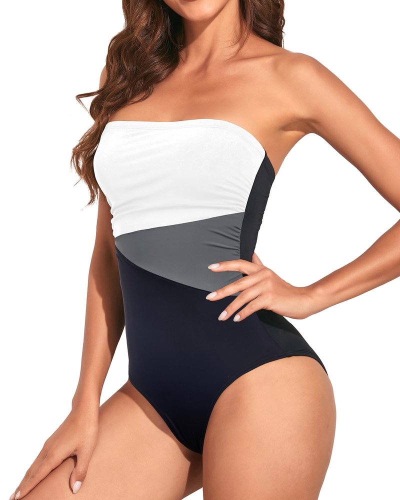 Holipick Women Black White Grey Strapless Bandeau One Piece Swimsuits Tummy Control Bathing Suits Halter Strapless Swimwear L