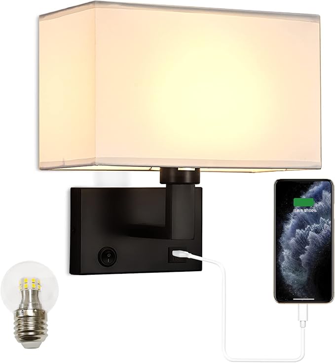 Bedside Wall Mount Light with USB, LED Reading Swing Arm Fabric Shade Wall Sconce Light Hardwired, Perfect for Bedroom, Living Room and Hotel (Black)