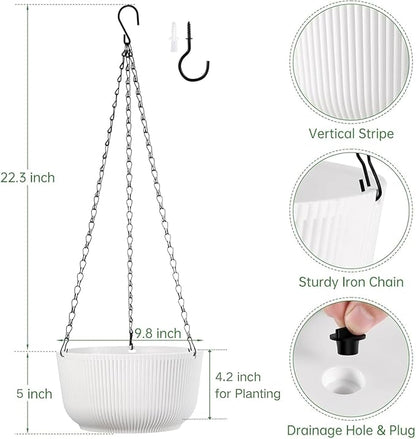 Set of 2 10 Inch White Self Watering Hanging Planters for Indoor Outdoor Plants, Thickened Hanging Flower Pots with Drainage Hole & Plug and 20" Chain Hanger