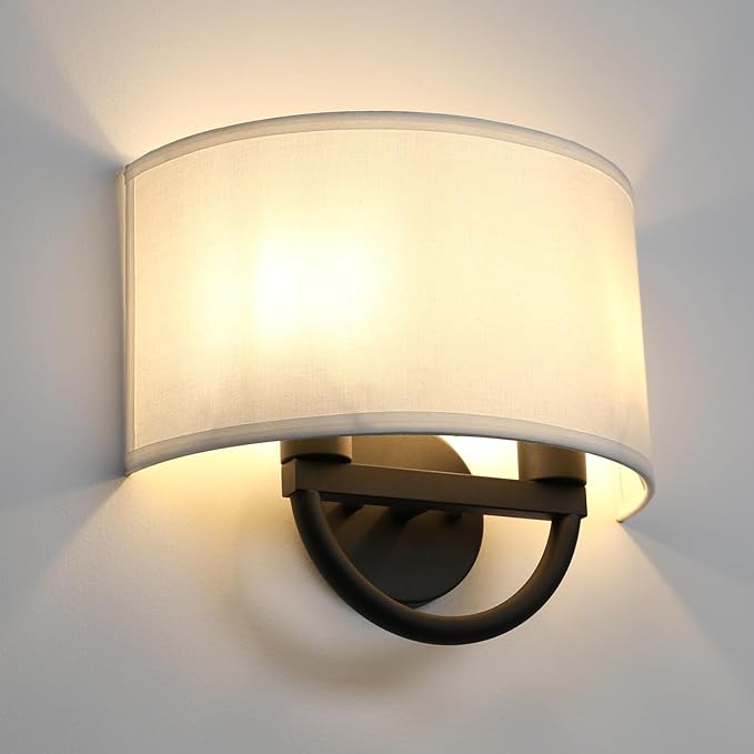 Industrial 2-Lights Wall Sconce Fixture with White Fabric Shade, Double Arm Wall Light Lamps Decor for Hallway Bedroom Living Room Bathroom Stairway