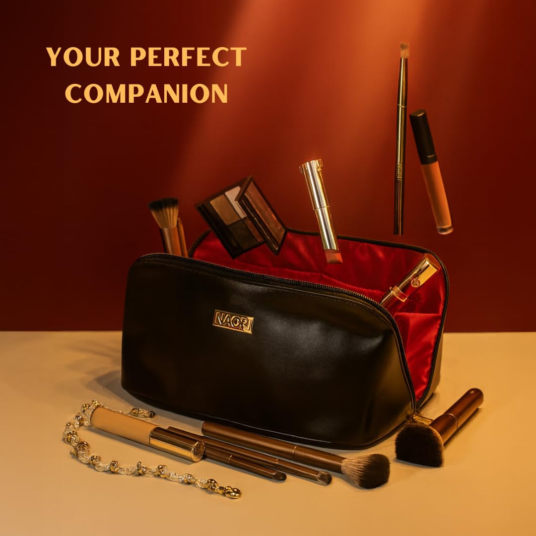 NAORI Travel Makeup Bag for Women | Large Luxury Cosmetic Organizer with Handle & Inner Pockets | Waterproof Faux Leather Toiletry Bag | Makeup Case for Home, Travel & Gifting (Elegant Black)