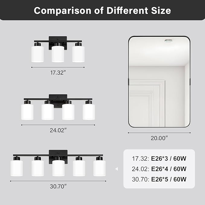 Black Bathroom Light Fixtures, 3-Light Modern Vanity Light Over Mirror, Wall Sconces with Milky White Frosted Glass Shades, E26 Socket (Bulbs Not Included)
