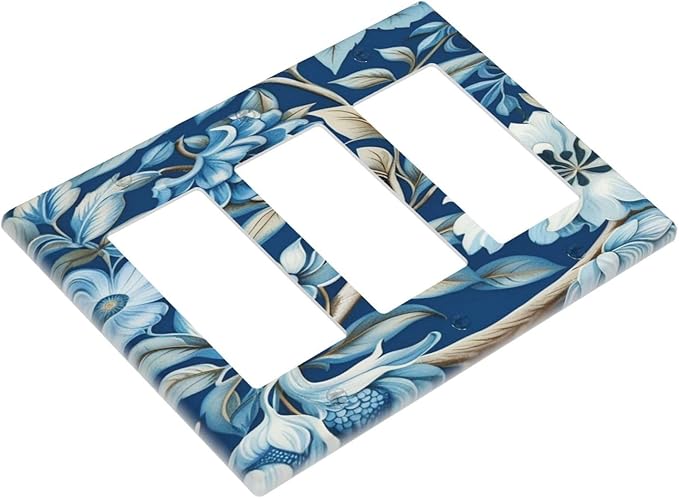 Blue Flowers Branches Leaves Floral Pattern 3 Gang Rocker Triple Outlet Wall Plate Decorative Switchplate Cover Faceplate GFCI Light Switch Covers for Farmhouse Living Decor