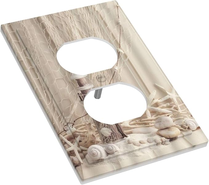 Nautical Coastal 1 Gang Single Duplex Light Switch Plate Outlet Cover Seashell Fishing Net Ocean Lighthouse Starfish Decorative Wall Plate Switchplate Electrical Faceplate Beach Theme Decor