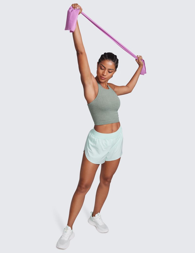 CRZ YOGA Seamless Ribbed High Neck Crop Tank Tops for Women - Longline Racerback Padded Sports Bras Dark Green Heather Medium