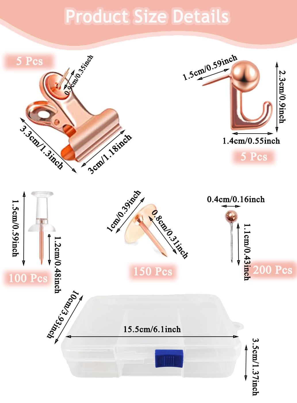 460 Pcs Push Pins Set, 5 Style Rose Gold Push Pin Hooks Push Pin Clips Thumb Tacks Set for Cork Board Office Stocking Stuffers (Rose Gold)