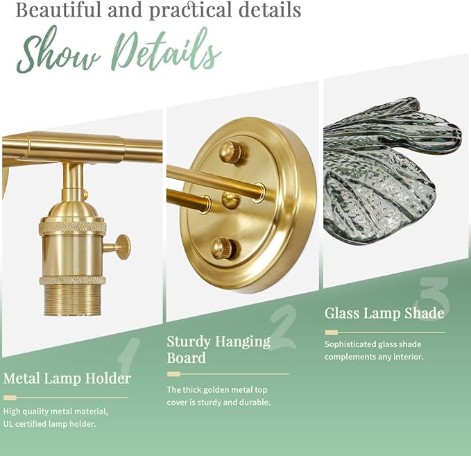 3 Light Bathroom Vanity Light Vintage Wall Sconce Gold Vanity lighting fixtures Over Mirror mid Century Modern Wall lamp with Dark Green Glass Shade Indoor Wall Light for Bedroom Hallway Living Room
