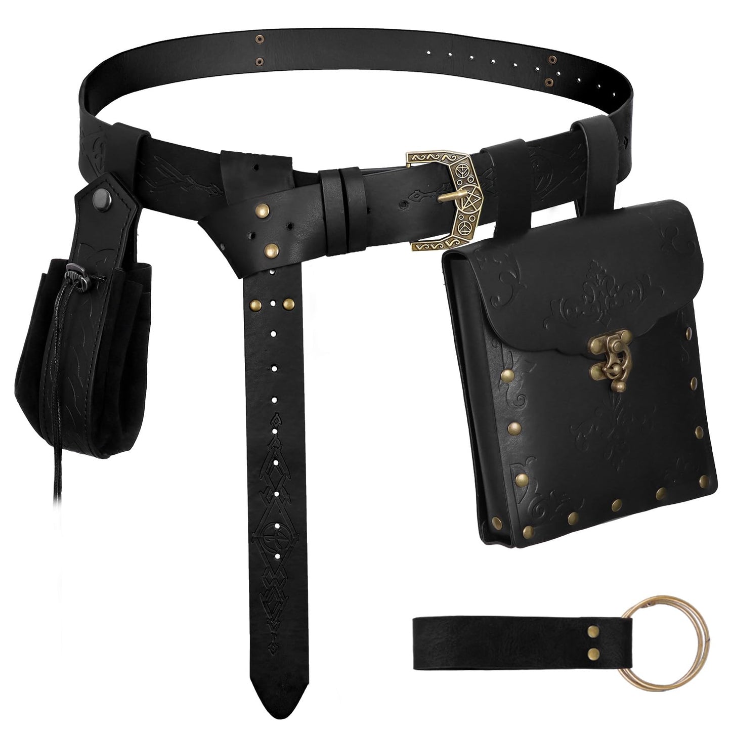 Luazuri Viking Embossed Renaissance Belt Pouch, Vintage Medieval Faux Leather Pirate Belt Pack,Retro Portable Belt Bag For LARP Ren Faire. (Black C)