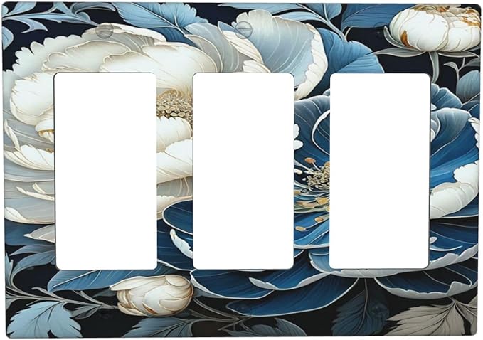 White Blue Flower Peonies 3 Gang Rocker Triple Outlet Wall Plate Decorative Switchplate Cover Faceplate GFCI Light Switch Covers for Farmhouse Living Decor