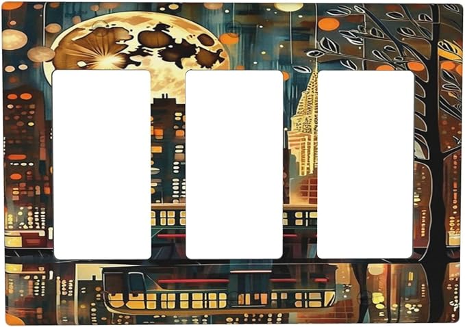 City Light Moon Bus Abstract Art 3 Gang Rocker Triple Outlet Wall Plate Decorative Switchplate Cover Faceplate GFCI Light Switch Covers for Farmhouse Living Decor