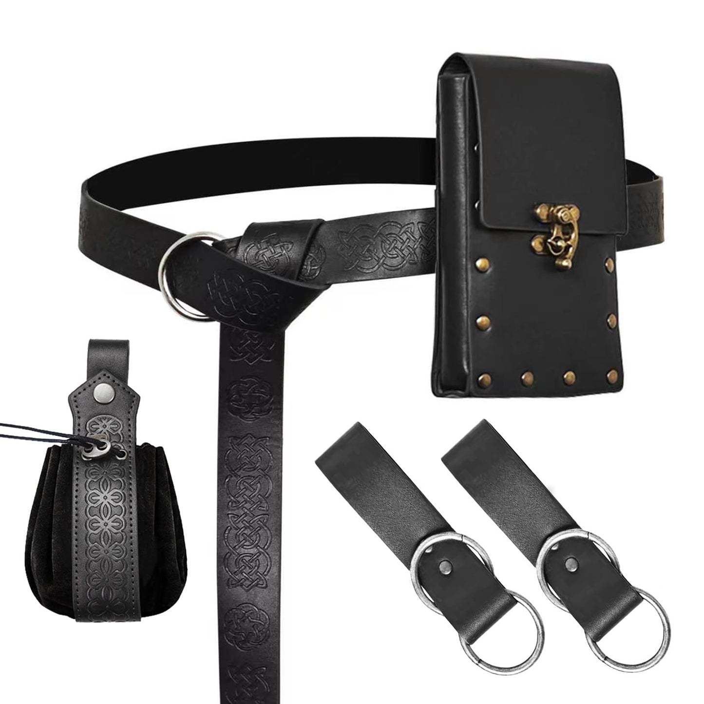 Renaissance Belt Pouch Medieval Viking Pirate Leather Bag Detachable Chains Arm Set Skirt Hike Halloween Cosplay Costume Accessories (Black-2Pouch)